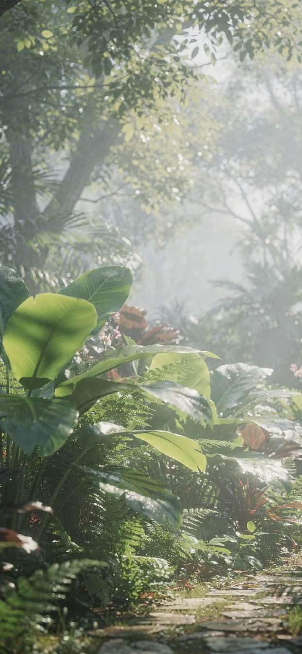 Shaded tropical garden path lined with ferns and broad-leaved plants
