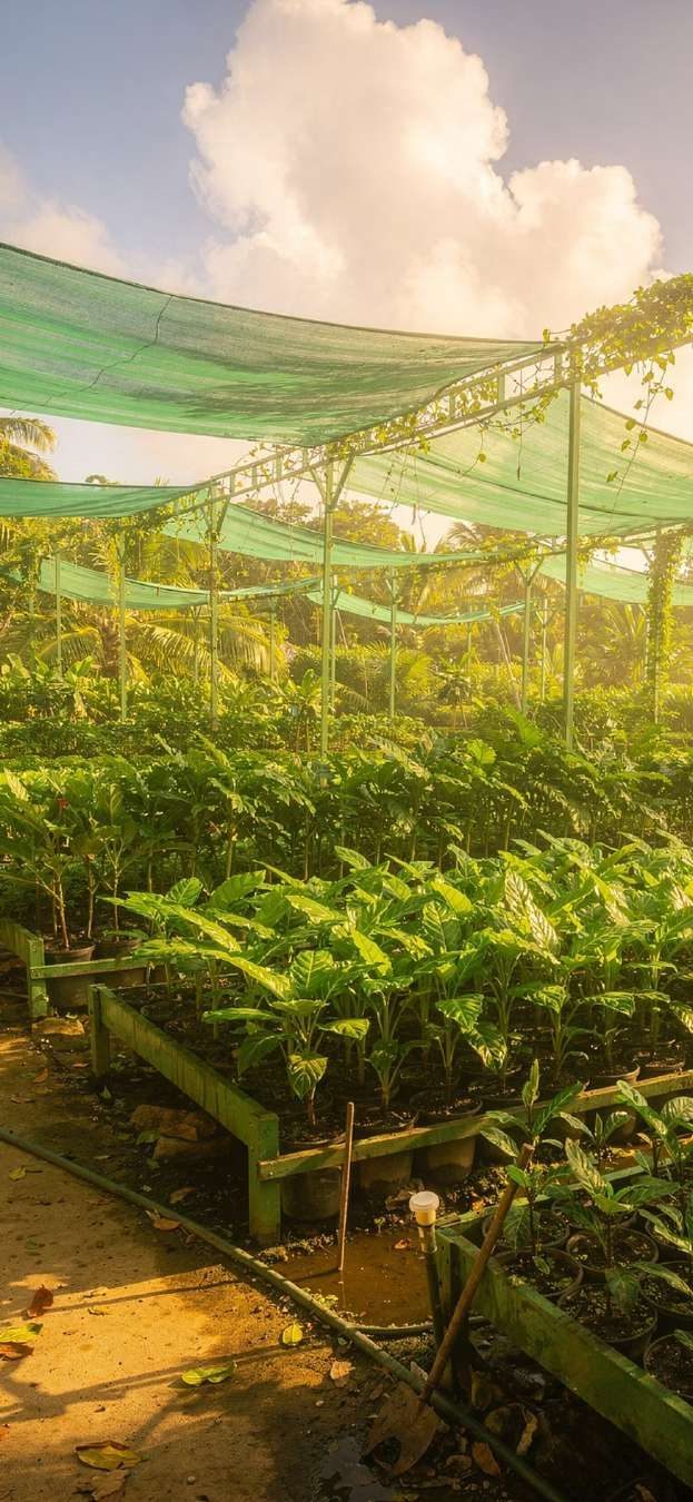 Rows of young plants under green shade netting at the Seychelles nursery